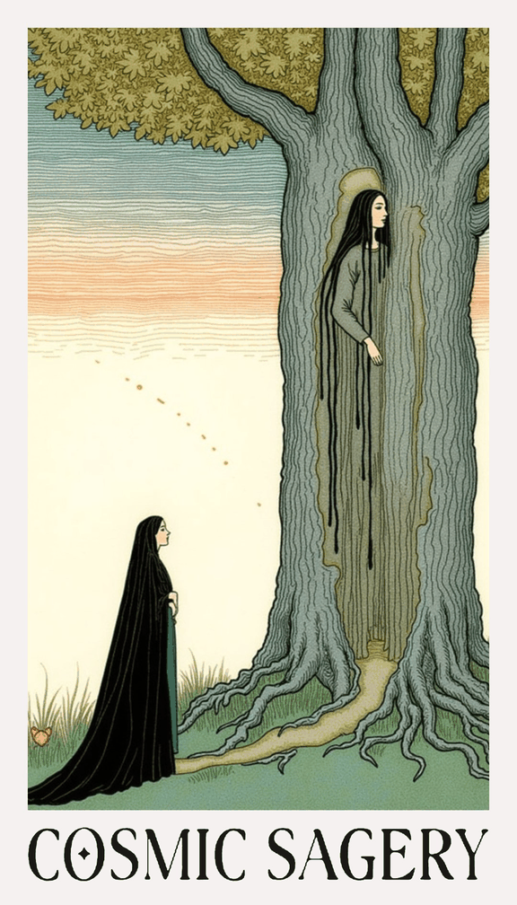 Cosmic Sagery card: a woman in a long black cloak stands at the roots of a great tree, looking up at a spirit with long black hair emerging from its trunk