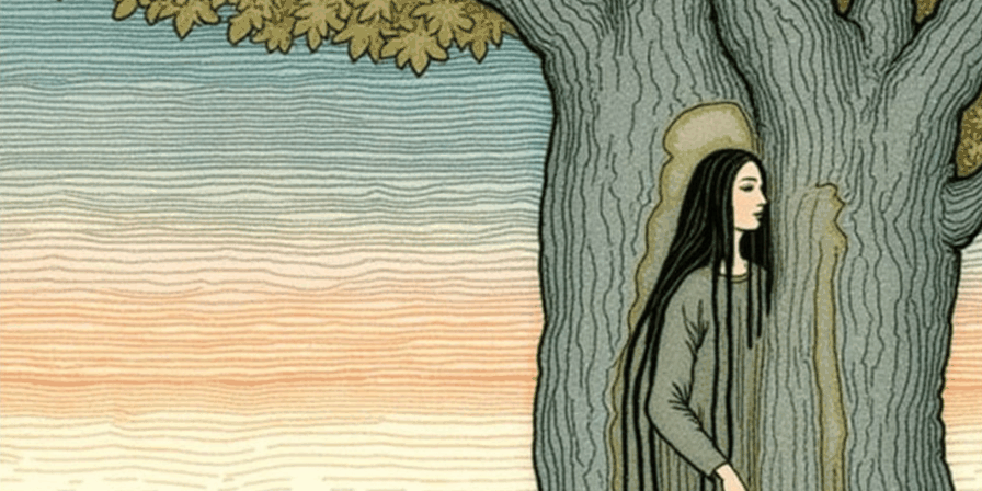 Cosmic Sagery card art: a spirit with long black hair emerging from the trunk of a great tree at dusk
