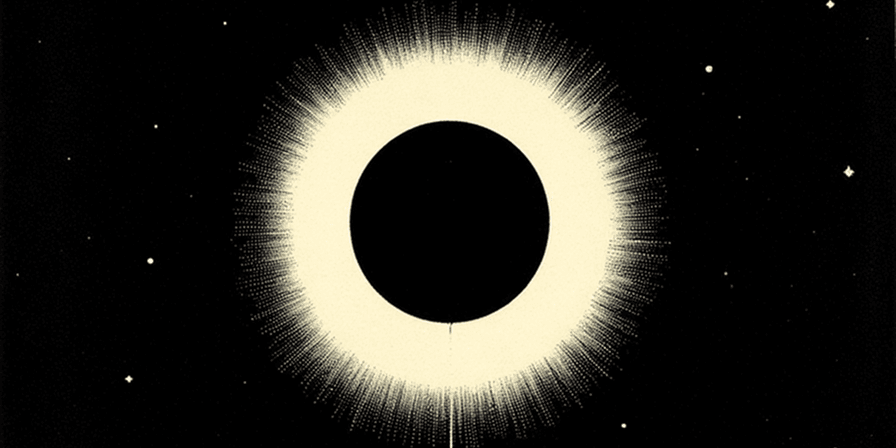 A black eclipse haloed by a radiating corona in a starfield, a single fine path descending from it