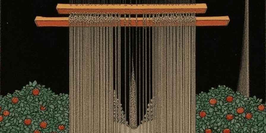 Cosmic Sagery card art: a loom strung with warp threads, apple trees heavy with fruit standing on either side