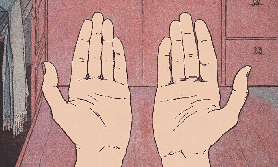 Cosmic Sagery card art: your own two open hands, palms up, in a warm pink kitchen