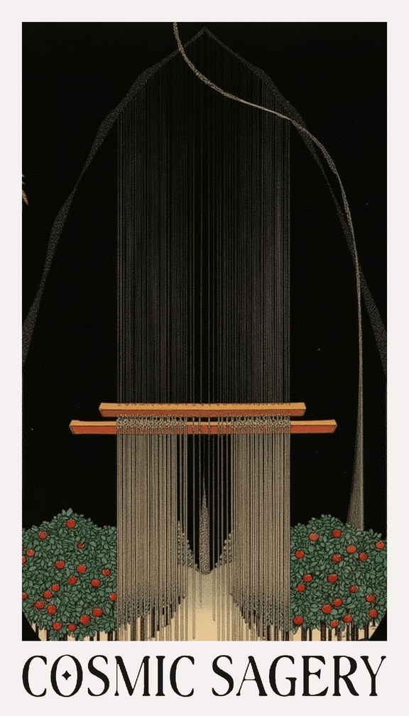 Cosmic Sagery card: a tapestry on a loom in a darkened cave, one loose thread lifted free, an apple orchard glowing through the cave mouth