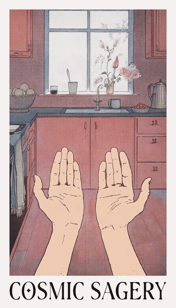 Cosmic Sagery card: looking down at your own two open hands, palms up, in a warm pink kitchen with a window of flowers beyond